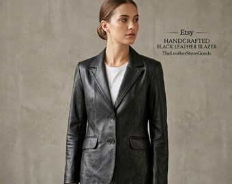 Blazer clásico de piel de cordero con dos botones para mujer - Negro