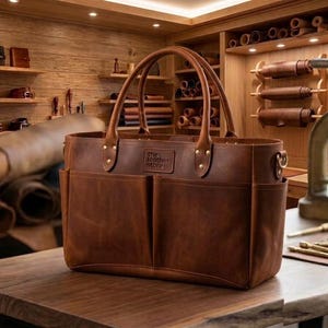 May include: A brown leather tote bag featuring two front pockets, two top handles with brass rivets, and a rectangular patch embossed with the text 'the leather store' centered on the front panel. The bag has side D-rings for a shoulder strap.