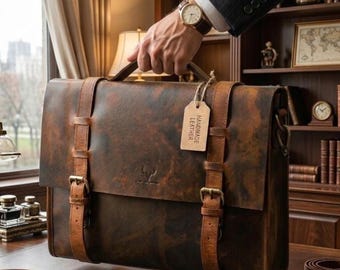 Torba listonoszka z postarzanej skóry licowej | Rustykalna, ręcznie robiona aktówka, torba na laptopa