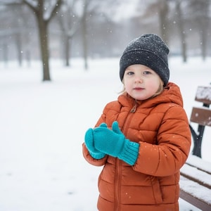 May include: A young child bundled up in a warm, orange puffer jacket, teal mittens, and a gray knit cap stands in a snowy park. The child is looking directly at the camera. A park bench is visible in the background.
