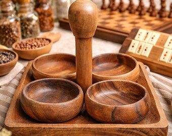 Juego de servir de cuencos de madera vintage con bandeja y cucharas - Juego de 4 cuencos