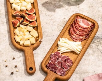 Wooden Serving Board Set – Natural Wood Charcuterie Tray with Handle