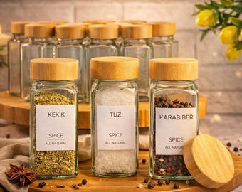 Spice Jars 6 Piece Glass – Bamboo Lids, Minimalist Kitchen Organizer Set