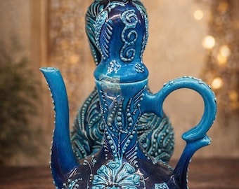 Handmade Ceramic Ewer: Traditional Turkish Artistry, Blue Embossed Tulip Design