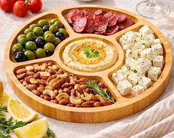 Natural Bamboo Serving Tray, 5-Compartment Snack Plate, Eco-Friendly Appetizer Platter