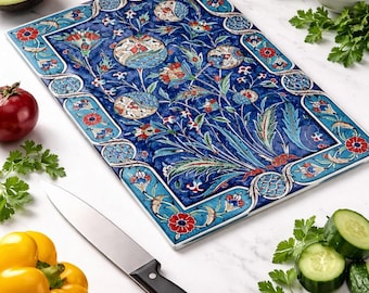 Mienda 25x35 cm Tempered Glass Cutting Board and Serving Tray - Iznik Tile