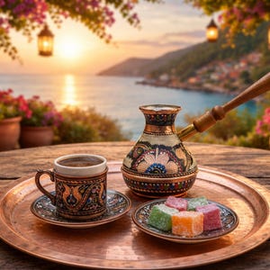 May include: A copper tray holds a cup of coffee, a decorative coffee pot, a saucer, and a small plate of colorful Turkish delight. The scene is set outdoors with a view of the sea and a sunset.