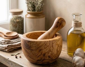 Olive Wood Mortar and Pestle – Handcrafted Spice Grinder, Rustic Kitchen Tool