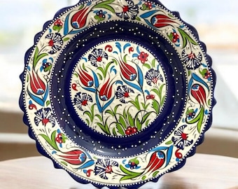Handmade 30cm Velvet Boxed Decorative Blue Ceramic Plate with Sable Craftsmanship, Kütahya Style