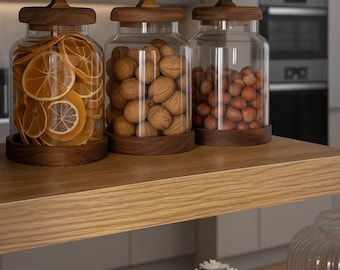Set of 3 Acacia Borosilicate Glass Jars/Storage Containers with Lids and Handles - Decorative