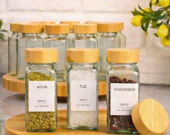 Spice Jars 6 Piece Glass – Bamboo Lids, Minimalist Kitchen Organizer Set
