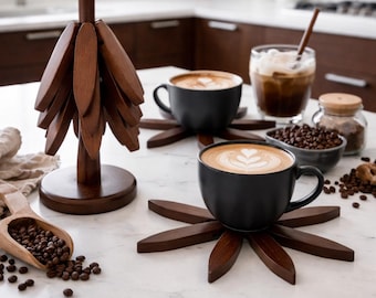 3-Piece Bamboo Trivet Set with Stand, Heat-Resistant Folding Trivet for Cups and Pots