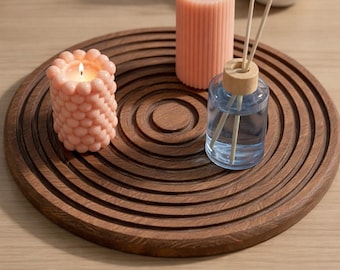 Wooden Serving Tray, Concentric Grooves, Modern Natural Decor, Minimalist Design