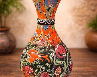Hand-Painted Turkish Ceramic Vase, Vibrant Floral Anatolian Art