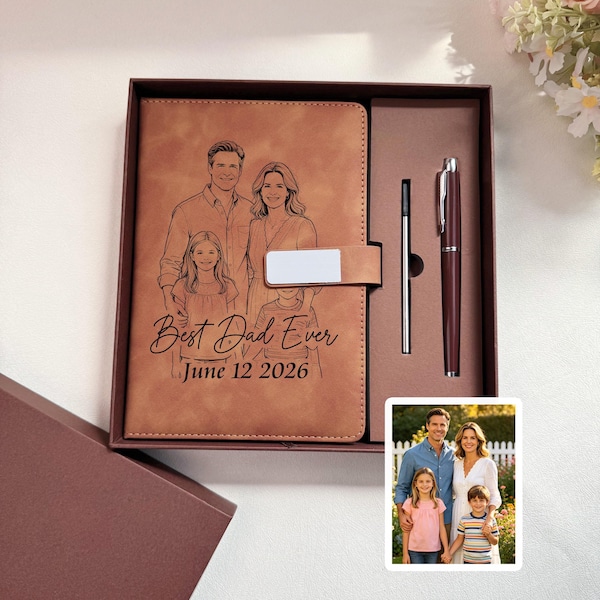 Custom Photo Engraved Leather Notebook & Pen Set, Personalized Keepsake Journal, Memorial Gift