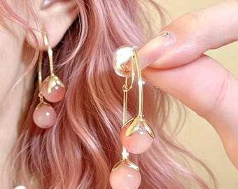 Orecchini pendenti personalizzati con perline di vetro rosa, semplici orecchini pendenti con diamanti, eleganti orecchini a cerchio, regali di Natale, regali per lei.