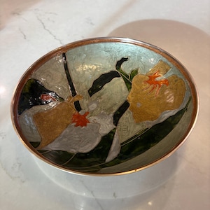 Vintage Mid-Century Cloisonné Champlevé Brass Enamel Bowl, Irises Floral Design, 10-Inch Decorative Brass Footed Bowl, Art Nouveau Style