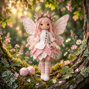 Puede incluir: Una muñeca de hada de ganchillo hecha a mano con pelo rosa, alas y una corona floral. La muñeca lleva una chaqueta blanca con botones marrones y una falda rosa y blanca en capas. Una madeja de hilo rosa y un ganchillo están en primer plano.