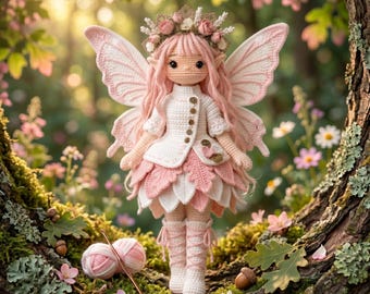 May include: A handmade crochet fairy doll with pink hair, wings, and a floral crown. The doll wears a white jacket with brown buttons and a layered pink and white skirt. A ball of pink yarn and a crochet hook are in the foreground.