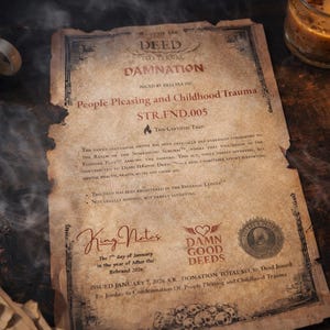 May include: A vintage-style document with the title "DEED TO ETERNAL DAMNATION" and the text "People Pleasing and Childhood Trauma." The document is aged with a coffee cup, candle, pen, and other papers on a dark wooden surface.