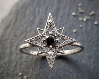 Gothic Star Ring, Sterling Silver Skull Compass, Black Onyx Celestial Jewelry