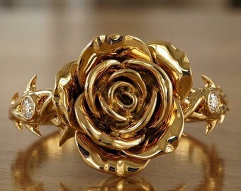 18K Gold Rose Ring, Floral Engagement Band, Thorn Vine Accents, Nature Inspired Jewelry