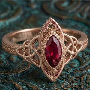Può includere: Un anello in oro rosa con una pietra centrale di rubino taglio marquise. L'anello presenta intricati dettagli di nodi celtici e filigrana. Piccole pietre rosse accentuano la pietra centrale. La fascia ha un design strutturato.