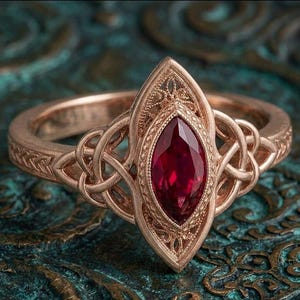 May include: A rose gold ring with a marquise-cut, deep red gemstone. The ring features intricate Celtic knot designs on the band and around the central stone, showcasing detailed filigree work. The ring's design is ornate and elegant.