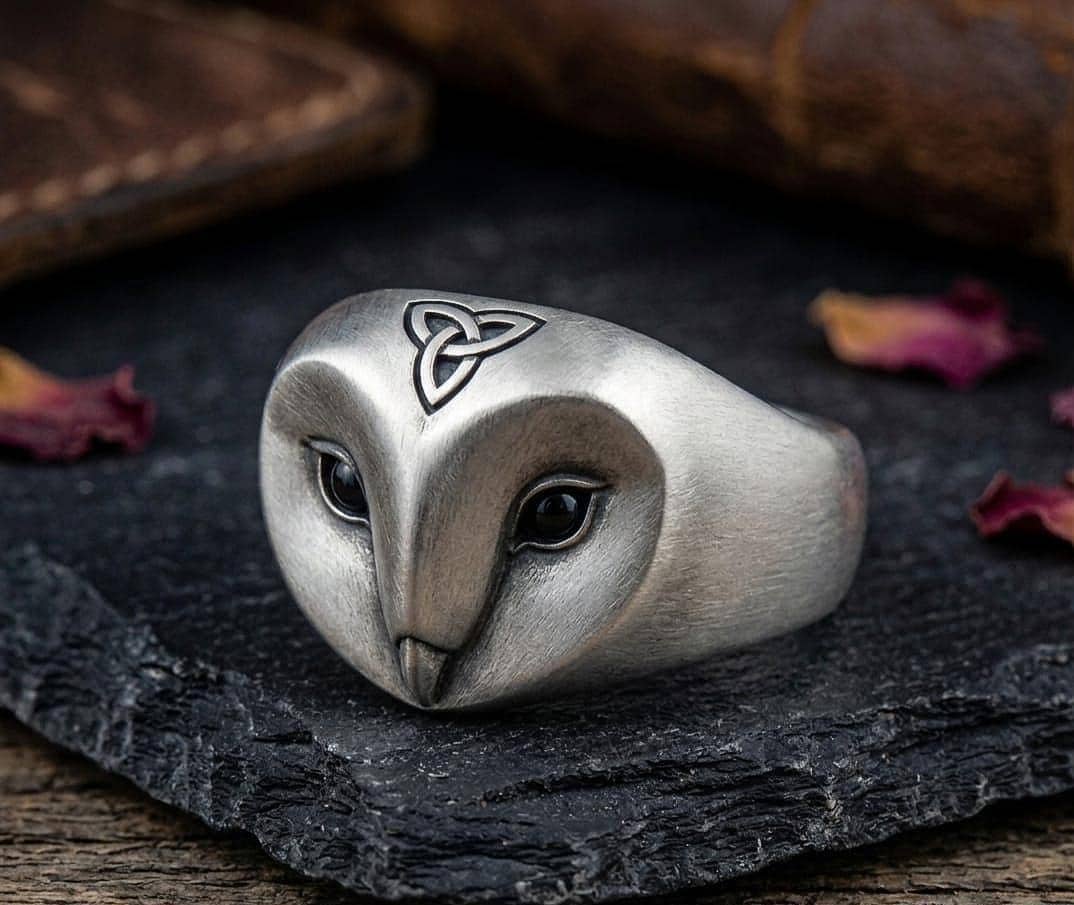 Sterling Silver Barn Owl Ring with Celtic Trinity Knot, Gothic Statement Jewelry