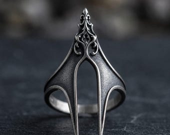Gothic Sterling Silver Armor Ring, Oxidized Filigree Claw Statement Jewelry