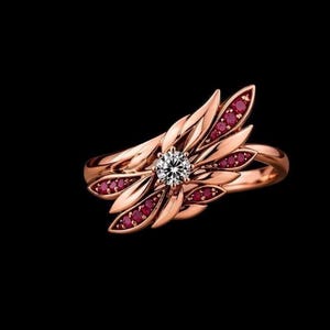 Vintage Rubinblattring aus Sterlingsilber, einzigartiger, von der Natur inspirierter Verlobungsring für Damen, gotischer Federring, ausdrucksstarkes Schmuckstück zum Jahrestag