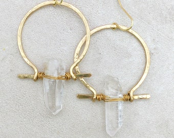 Omega Earrings - Hammered brass quartz point hoop earrings