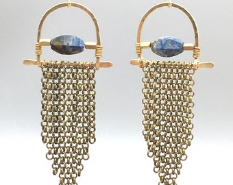 Sabrina Fringe Earrings - Long Brass Chain Arch Dangles - Handmade Artisan Earrings