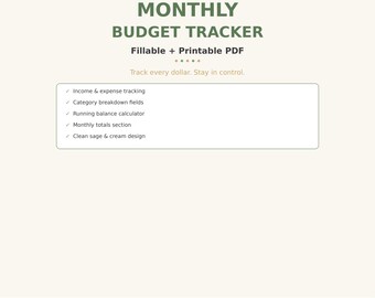 Monthly Budget Tracker Fillable + Printable PDF | Expense Tracker | Finance Planner | Budget Worksheet | Digital Budget Template