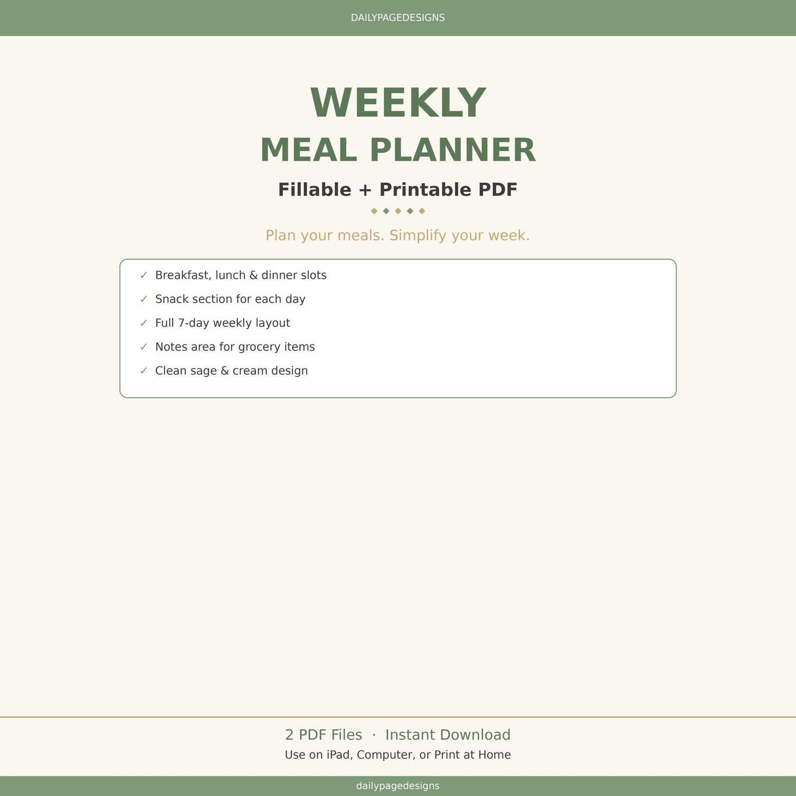 Weekly Meal Planner Fillable + Printable PDF | Meal Prep Planner ...