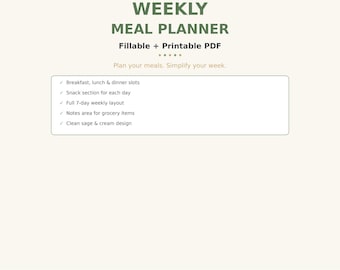 Weekly Meal Planner Fillable + Printable PDF | Meal Prep Planner | Digital Menu Template | Dinner Planner | Family Meal Plan