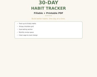 30 Day Habit Tracker Fillable + Printable PDF | Daily Habit Log | Goal Tracker | Monthly Challenge | Self Improvement Planner