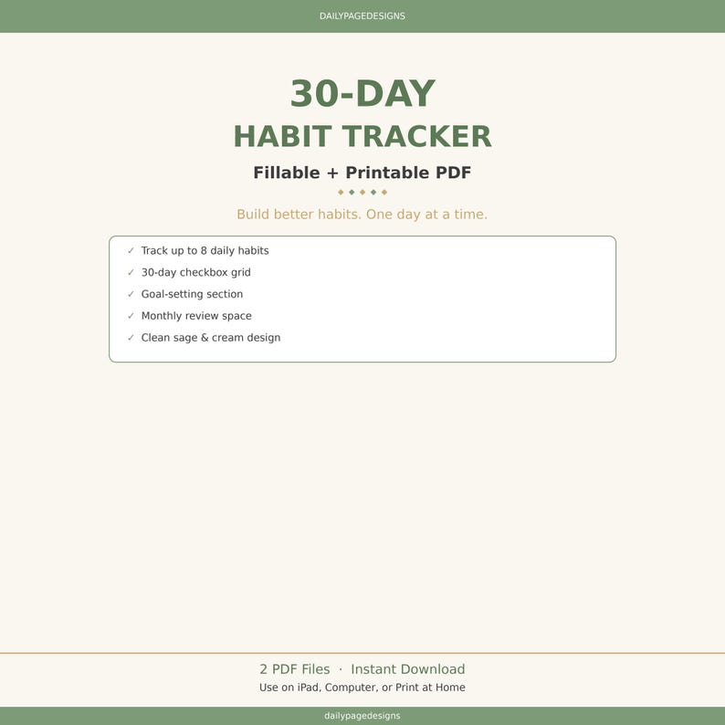 30 Day Habit Tracker Fillable + Printable PDF | Daily Habit Log | Goal ...