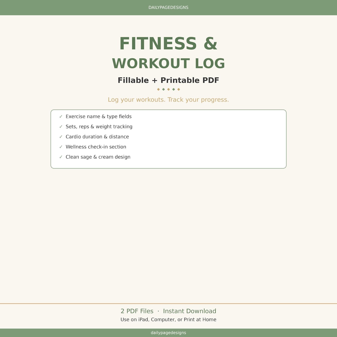 Fitness Workout Log Fillable + Printable PDF | Exercise Tracker | Gym ...