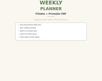 Weekly Planner Fillable + Printable PDF | To Do List | Weekly Schedule | Task Planner | Productivity Planner | Minimalist Week Organizer