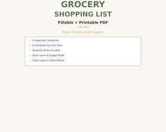 Grocery Shopping List Fillable + Printable PDF | Categorized Grocery List | Shopping Planner | Kitchen Organization | Meal Prep List