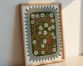 Lámina de arte popular celta con granada: póster floral con nudos, decoración de pared estilo cottagecore.