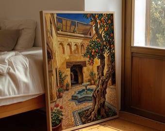 Pintura al óleo del patio de un riad marroquí: Fuente del naranjo, arte mural del norte de África.