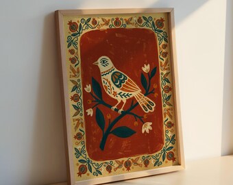 Lámina de arte popular con pájaro en una rama: ilustración de pájaro cantor, decoración rústica de granja.