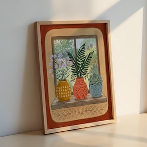 May include: A framed wall art print featuring a window scene with three potted plants on a wooden sill. The illustration includes a yellow vase with light purple flowers, an orange vase with a green fern, and a blue speckled succulent pot.