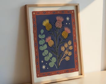 Póster estampado de cardos y eucaliptos: decoración botánica de flores silvestres para la pared.