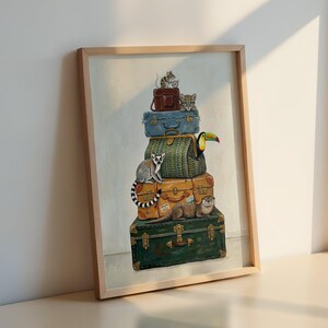 May include: A framed art print featuring a stack of vintage suitcases. The suitcases are in shades of green, blue, and tan, with various animals perched on top, including a toucan, lemur, and otter. A mouse and a cat are also visible.