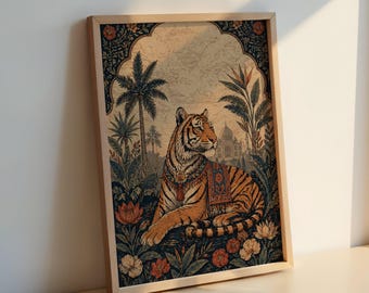 Grabado en madera del Tigre Mughal: Arco del Palacio del Loto, Póster de Tapiz Indio