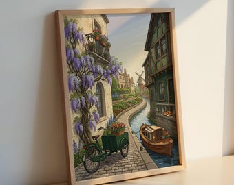 Lámina de Wisteria Canal Village: Escena de molino de viento holandés con bicicleta, póster de jardín de casa de campo.