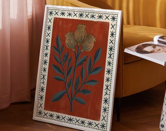 Grabado en linóleo de cápsula de semillas de amapola: Arte botánico vintage para pared, póster de cocina rústica.